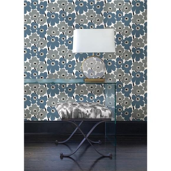 Grey Pieni Unikko Peel & Stick Wallpaper Blue